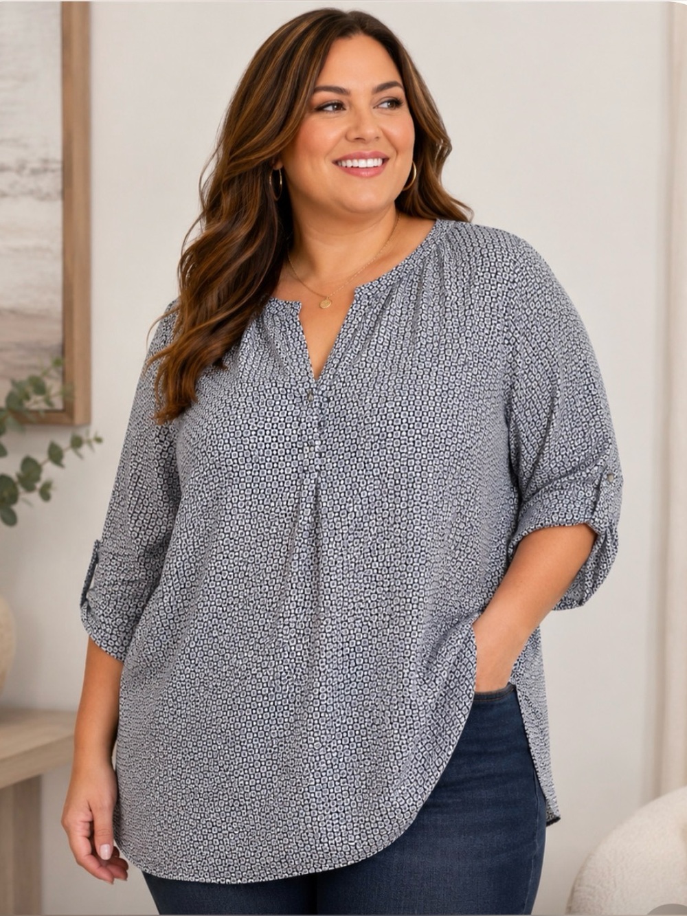 Dalia Blouse Multicolor Geometric Pattern ¾ Sleeves, Split Neck Pull Over